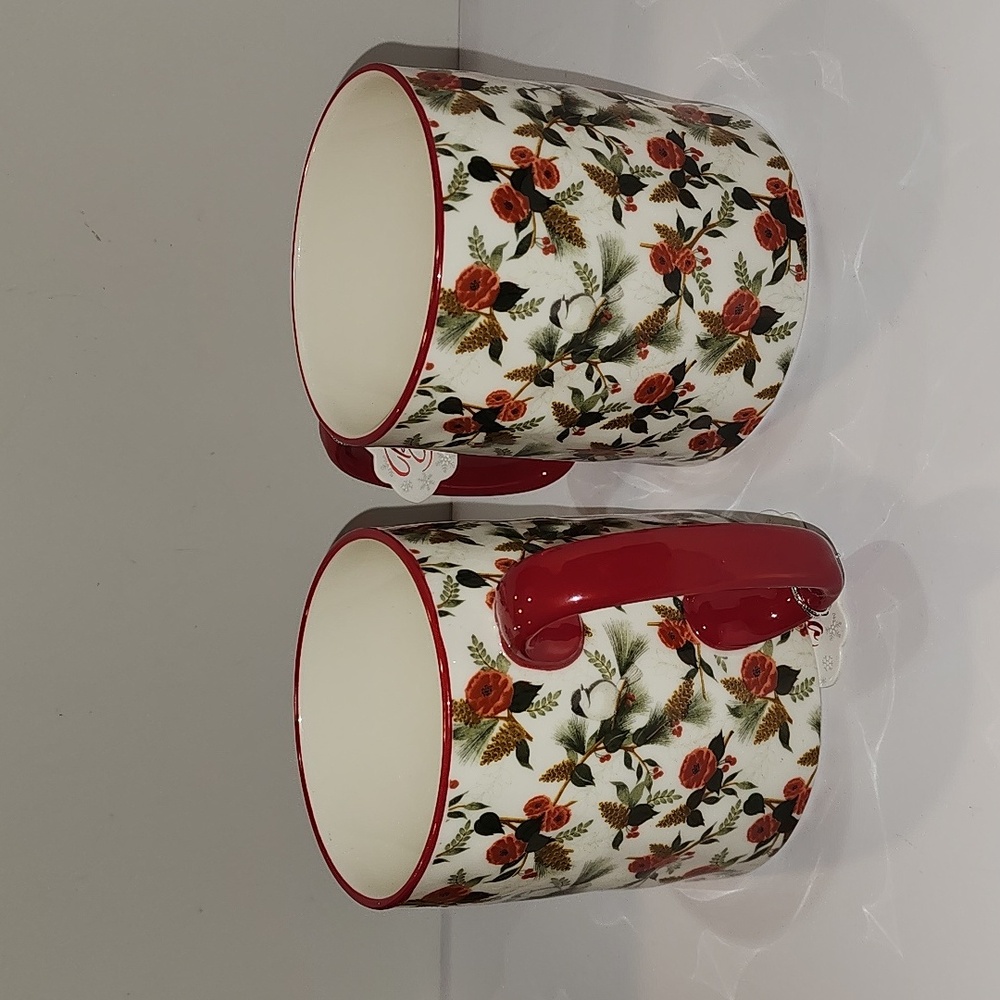 10 Strawberry Street Botanic Red Floral Mugs Set by 2 Brand New